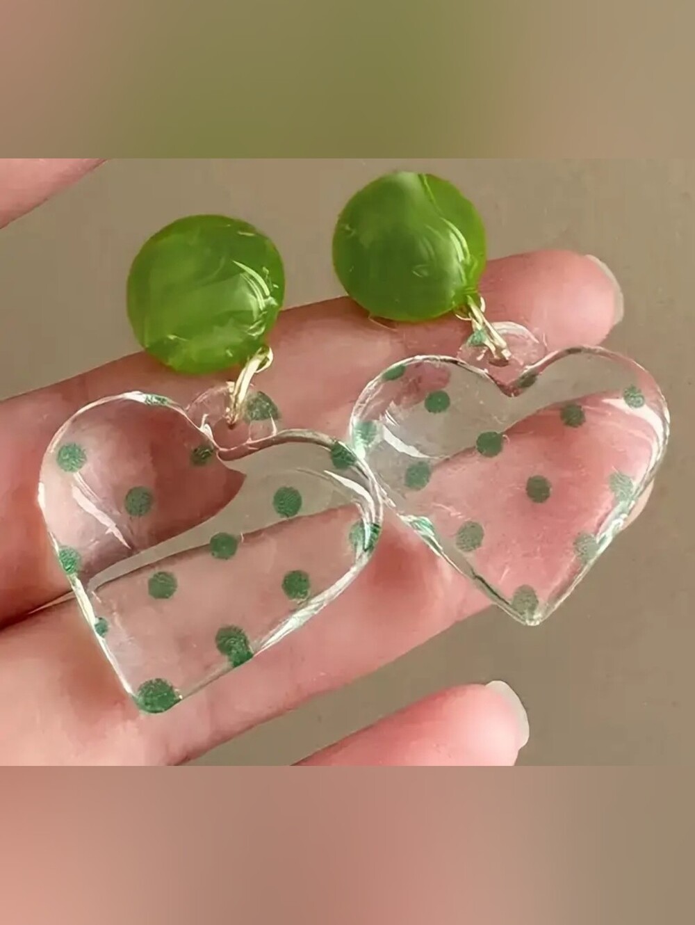 Green Polka Dot Heart Drop Earrings by